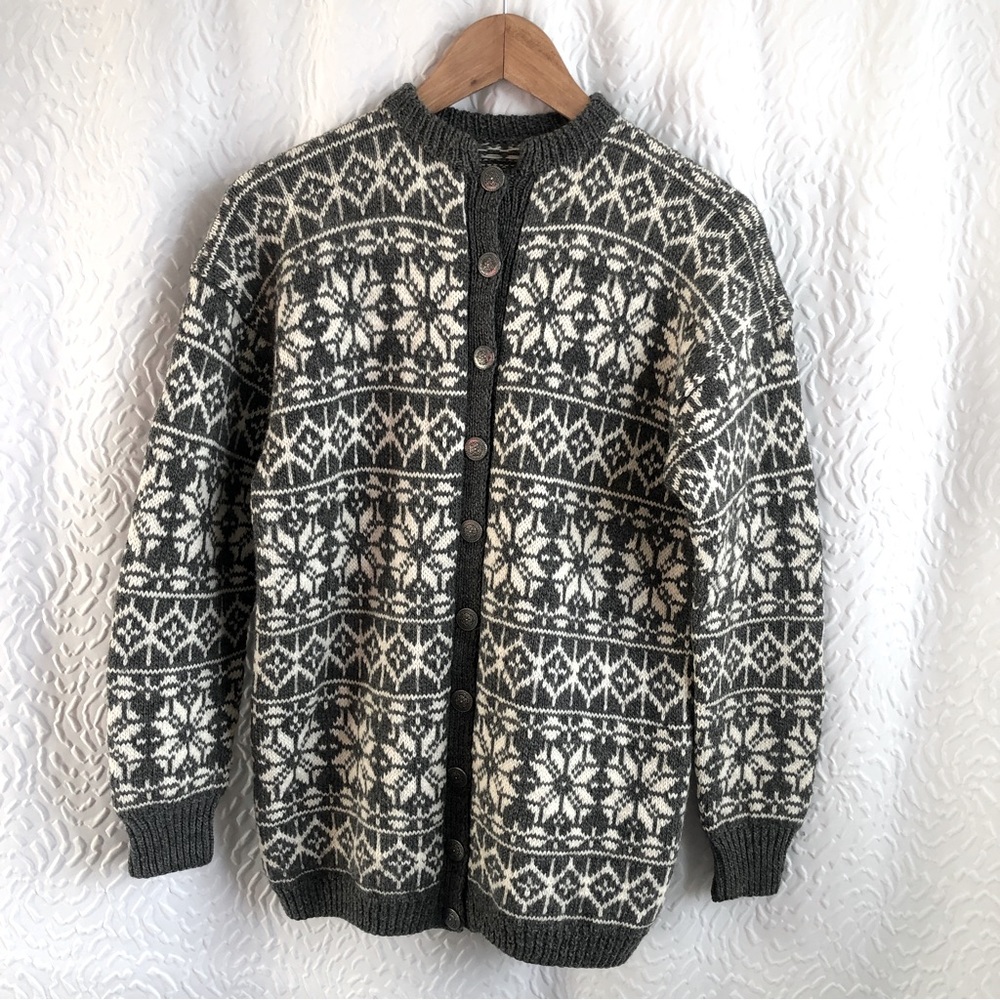Handmade Handknit Fair Isle Winter Snowflake Wool Knit Button Up Sweater